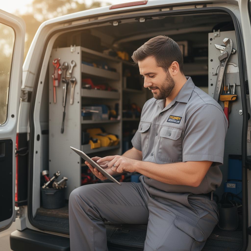 Home service pro reviewing finances on a tablet